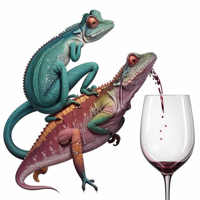 A chameleon graphic drawing holding a half filled wine glass, vector, vibrant color, incredibly high details, white background, plashing colors, Cartoon character, stickers designs
