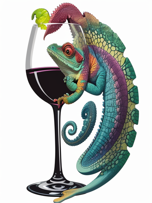 A chameleon graphic drawing holding a half filled wine glass, vector, vibrant color, incredibly high details, white background, plashing colors, Cartoon character, stickers designs