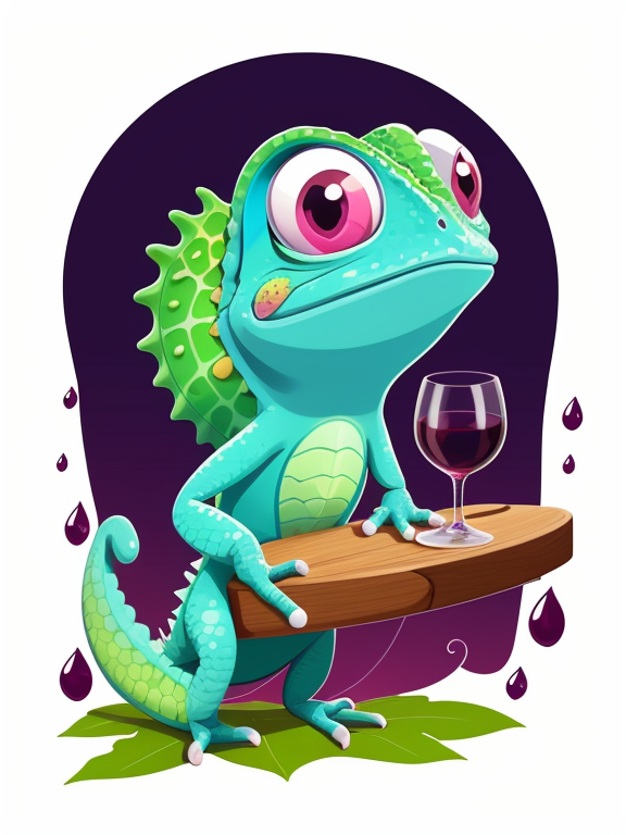 A cute pascal Chameleon and a half filled wine glass, vector, vibrant color, incredibly high details, white background, plashing colors, Cartoon character, stickers designs