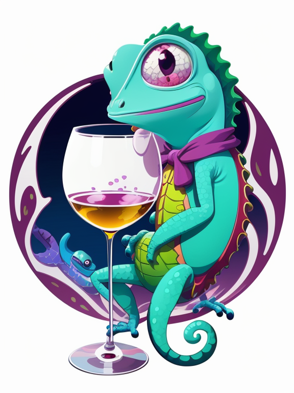 A cute pascal Chameleon and a half filled wine glass, vector, vibrant color, incredibly high details, white background, plashing colors, Cartoon character, stickers designs