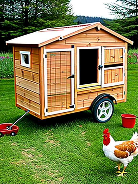 Walk-in Mobile Chicken coop with wheels on one end on a farm