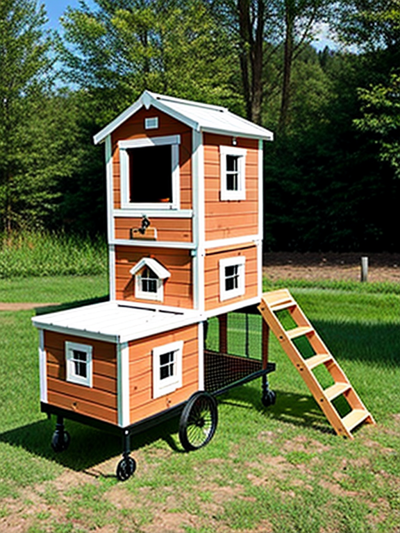 Walk-in Mobile Chicken coop with wheels on one end on a farm