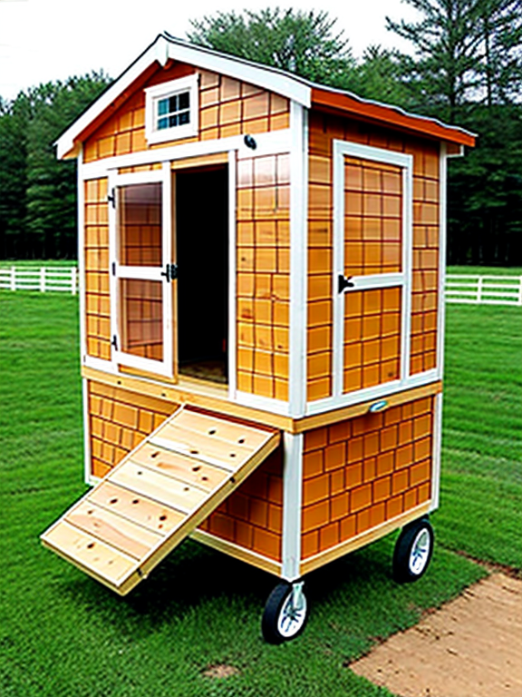 Perfect Walk-in Mobile Chicken coop with wheels on one end on a farm