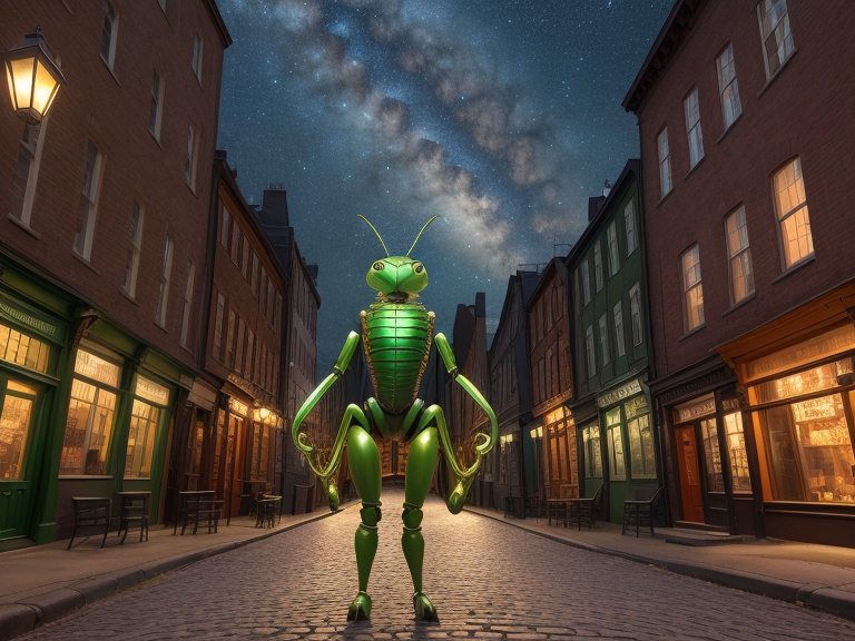 Single figure, single figure four arms, grasshopper character 5' tall,  greenish-brown exoskeleton, cobblestone street, victorian town in background, starry night sky, Humanoid, Human character with animal head on the body, Insect Queen, Dnd, Androginous, multiple limbs, Anthropomorphic animal art, Anthropomorphic character art, low light, More the 2 arms, Two legs