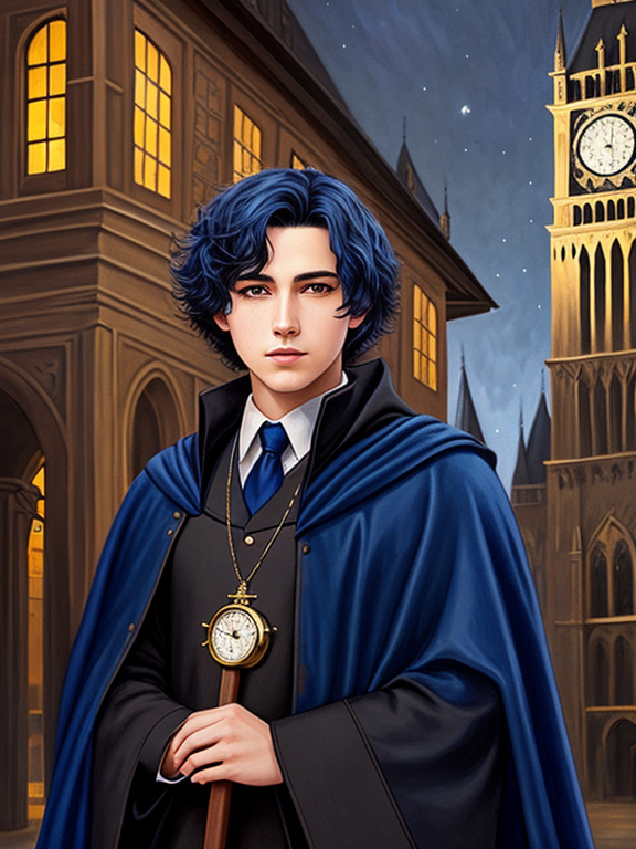Oil painting, A young man wearing magic academy uniform cloak, in front of clock tower, at night, dark blue hair, 20 years old, with dark colors, highly detailed, realistic, medieval,