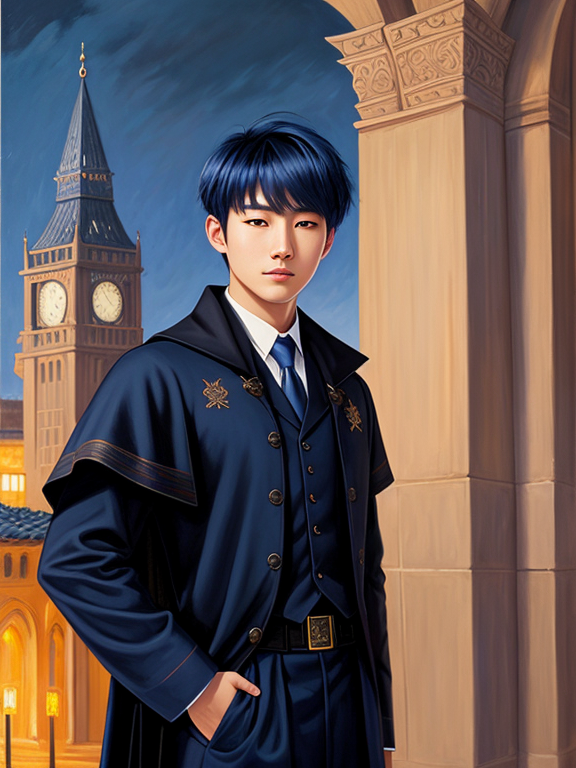 Oil painting, A handsome Korean young man wearing magic academy uniform cloak, in front of clock tower, at night, dark blue hair, 20 years old, with dark colors, highly detailed, realistic, medieval,