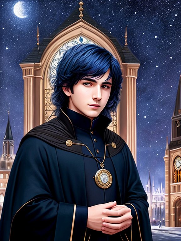 Oil painting, A handsome young man wearing magic academy uniform cloak, in front of clock tower, at night, dark blue hair, 20 years old, with dark colors, highly detailed, realistic, medieval,