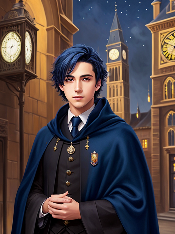 Oil painting, A handsome young man wearing magic academy uniform cloak, in front of clock tower, at night, dark blue hair, 20 years old, with dark colors, highly detailed, realistic, medieval,