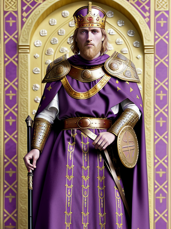 King of Rome Constantinople and Britannia, Roman Emperor, Byzantine Emperor, Norman King, Norse Jarl, English King, Viking, Restored Roman Empire, Charlemagne, Red and black clothes with gold trim, purple cloak, purple sash with gold embroidery