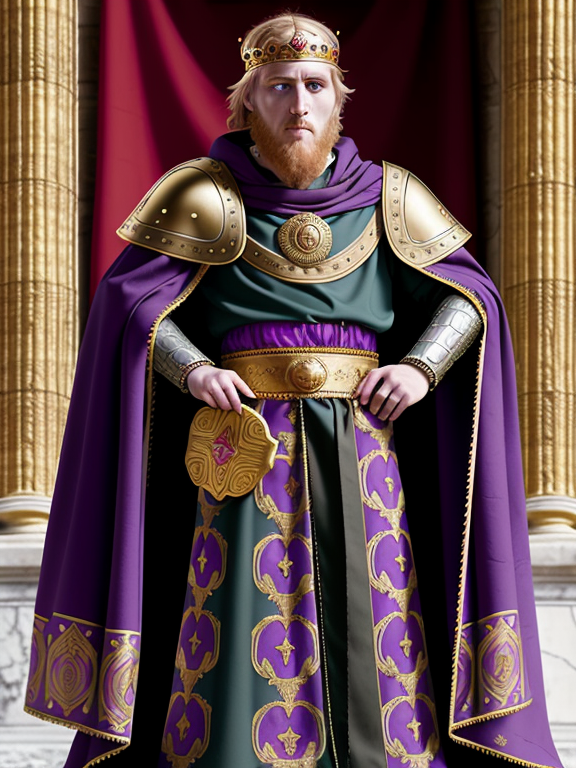 King of Rome Constantinople and Britannia, Roman Emperor, Byzantine Emperor, Norman King, Norse Jarl, English King, Viking, Restored Roman Empire, Charlemagne, Red and black clothes with gold trim, purple cloak, purple sash with gold embroidery
