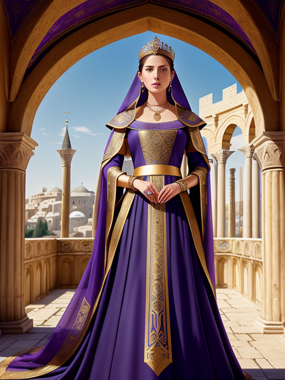Greek Italian Basque Norman Queen in her 40s, Byzantine Empress, Roman Empire, Byzantine Empire, Holy Roman Empire, Roman Empress, Holy Roman Empress, Queen of Rome, Queen of Constantinople, Queen of Britannia, purple and gold clothing, red and black clothing, Renaissance art, medieval art, middle ages, standing in a palace garden, shiny glowing tanned porcelain skin, diamonds, modesty dressed, ornate gown, third eye diamond, diamond necklace, diamond earrings, diamond bracelets, diamond cuffs, diamond bracelet, diamond cuff, diamond bangles, no green clothing, no blue clothing, very busty, no cleavage , ethereal background, abstract beauty, approaching perfection, pure form, golden ratio, minimalistic, concept art, by Brian Froud and Carne Griffiths and Wadim Kashin and John William Waterhouse, intricate details, 8k post production, high resolution, hyperdetailed, trending on artstation, sharp focus, studio photo, intricate details, highly detailed, by greg rutkowski, line art watercolor wash, watercolor, drawing art, Porcelain skin color, brushstroke painting technique, drawing art,