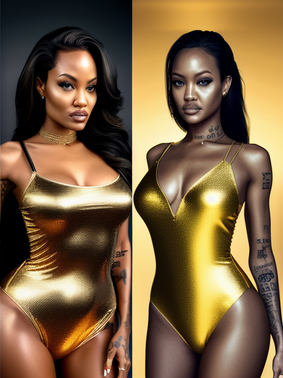 Two women that look Angelina Jolie Meagan Good and Rihanna combined making out sensually, approaching perfection, pure form, golden ratio, intricate details, 8k post production, high resolution, hyperdetailed, sharp focus, studio photo, highly detailed