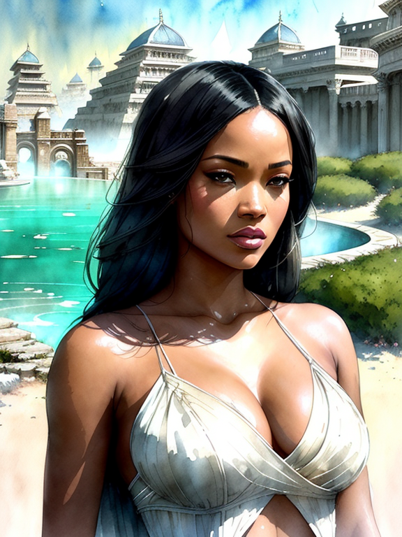 One actress that looks like Rihanna Angelina Jolie Meagan Good Sofia Vergara Penelope Cruz Eva Mendez Salma Hayek Megan Fox Jamie Chung Lucy Liu Olivia Munn Hallee Berry Nia Long Gabrielle Union Teyana Taylor starring in a movie scene set at a luxurious pool hot spring spa bathhouse next to a beautiful beach in the restored Roman Empire with great pyramids made of marble in the background on the other side of the bay, ethereal background, abstract beauty, approaching perfection, pure form, golden ratio, minimalistic, concept art, by Brian Froud and Carne Griffiths and Wadim Kashin and John William Waterhouse, intricate details, 8k post production, high resolution, hyperdetailed, trending on artstation, sharp focus, studio photo, intricate details, highly detailed, by greg rutkowski, line art watercolor wash, watercolor, drawing art