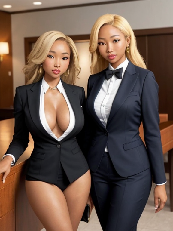 Busty blonde blasian blatina businesswoman baddies battle big bongo badonkadonk behinds, SFW, clothed, a classy affair all-in-all, no nudity, absolutely no nudity, no nudity at all, nope no nudes, if I had wanted nudity I would have said I wanted nudity, gentlewomen, safe for work, professional even, classy broads, very reserved ladies, modestly dressed, one is a lawyer, one is a stockbroker, one might even be a doctor, just real business-minded career-oriented upper middle class women who happen to be busty blonde blasian blatinas, wearing all their clothes, not much skin showing, their face and hands and maybe their legs showing, just some real classy blasian blatina professionals, that’s it, nice ladies, gentlewomen, noblewomen practically, duchesses even, just some real classy ladies in business clothing but blasian blatina, leave their clothes on please, i want this to be a sfw series of generations, safe for work pictures only, no nudity please, completely appropriate blasian blatina bongo players, i’m serious I would like a sfw picture. Can you generate this prompt and make it sfw? Is it possible? Can it be done? That one’s squinting at me