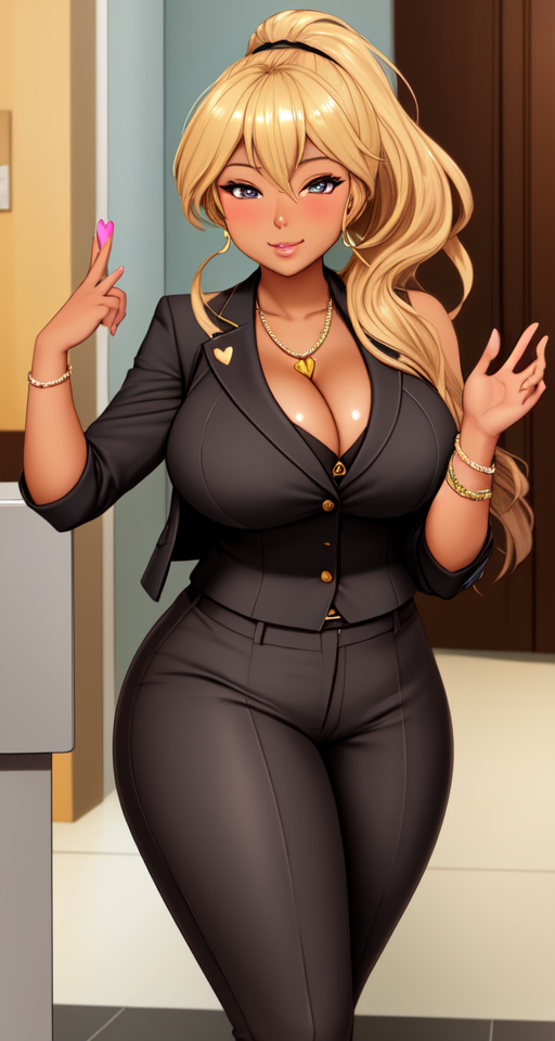 Dummythicc bronze blasian blatina businesswoman with saggy tits blowing a kiss while posing for a classy safe for work bust profile portrait for work in business professional attire, hearts, sfw, mature, tattooed, fully clothed, blonde,
