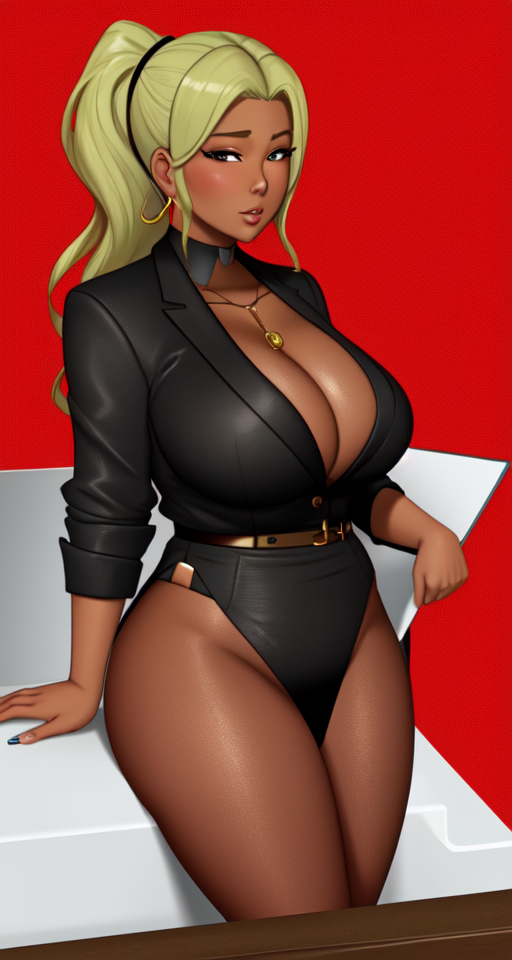 Dummythicc bronze blasian blatina businesswoman with saggy tits posing for a classy safe for work bust profile portrait for work in business professional attire, sfw, mature, tattooed, fully clothed, blonde, a diabolical business magnate with questionable moral scruples and a lack of business etiquette, dystopian horror, red background