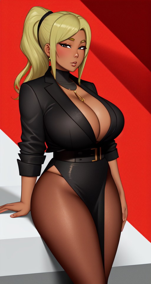 Dummythicc bronze blasian blatina businesswoman with saggy tits posing for a classy safe for work bust profile portrait for work in business professional attire, sfw, mature, tattooed, fully clothed, blonde, a diabolical blasian blatina business magnate with questionable moral scruples and a lack of business etiquette, dystopian horror red background
