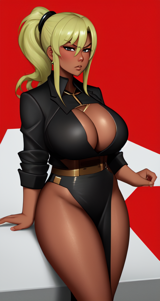 Dummythicc bronze blasian blatina businesswoman with saggy tits posing for a classy safe for work bust profile portrait for work in business professional attire, sfw, mature, tattooed, fully clothed, blonde, a diabolical business magnate with questionable moral scruples and a lack of business etiquette, dystopian horror, red background, stern, piercing eyes, angry vibe simmering