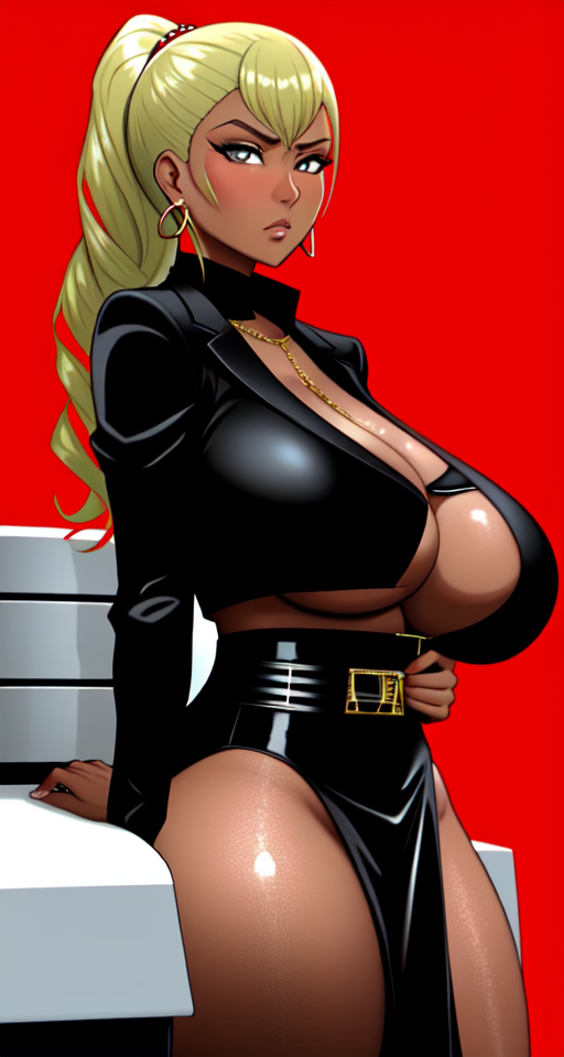 Dummythicc bronze blasian blatina businesswoman with saggy tits posing for a classy safe for work bust profile portrait for work in business professional attire, sfw, mature, tattooed, fully clothed, blonde, a diabolical blasian blatina business magnate with questionable moral scruples and a lack of business etiquette, dystopian horror, red background, stern, piercing eyes, angry vibe simmering, heads will roll, criminal queenpin, mafiosa, drug queenpin, gangster lady holding a firearm