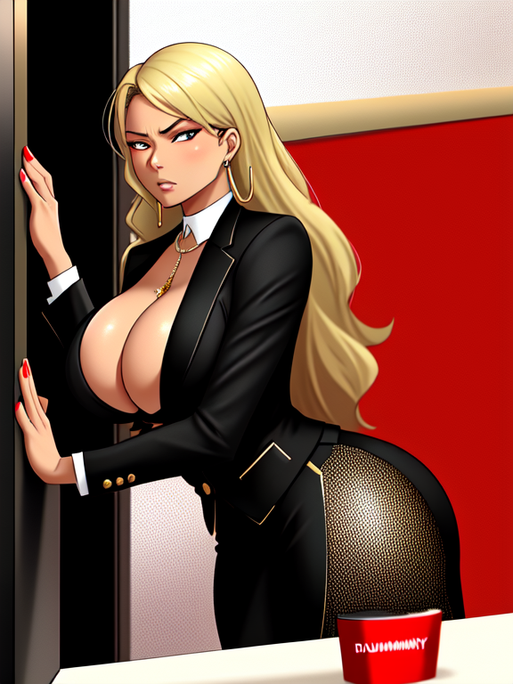 Dummythicc bronze blasian blatina businesswoman with saggy tits posing for a classy safe for work bust profile portrait for work in business professional attire, sfw, mature, tattooed, fully clothed, blonde, a diabolical blasian blatina business magnate with questionable moral scruples and a lack of business etiquette, dystopian horror, red background, stern, piercing eyes, angry vibe simmering, heads will roll, criminal queenpin, mafiosa, drug queenpin, gangster lady holding a firearm