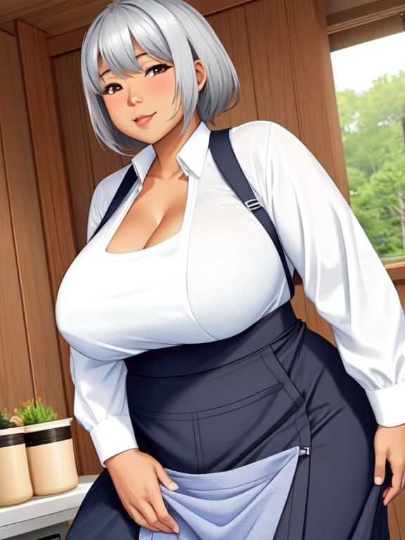Greying Blasian blatina grandma with fat tits pushing out her apron, fully clothed, sfw, safe for work