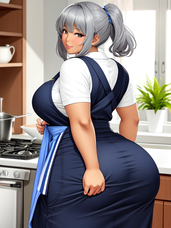 Greying Blasian blatina grandma with a fat ass pushing out her apron, fully clothed, sfw, safe for work