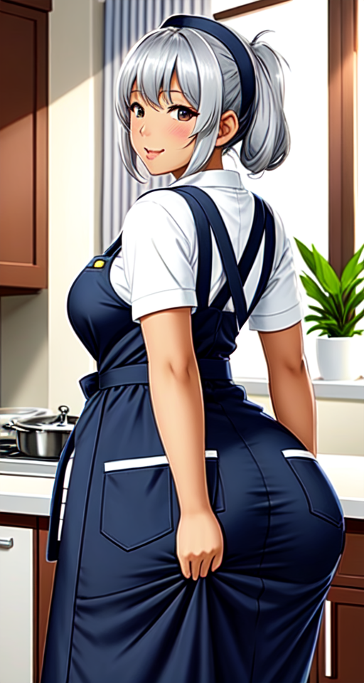 Greying Blasian blatina grandma with a fat ass pushing out her apron, fully clothed, sfw, safe for work