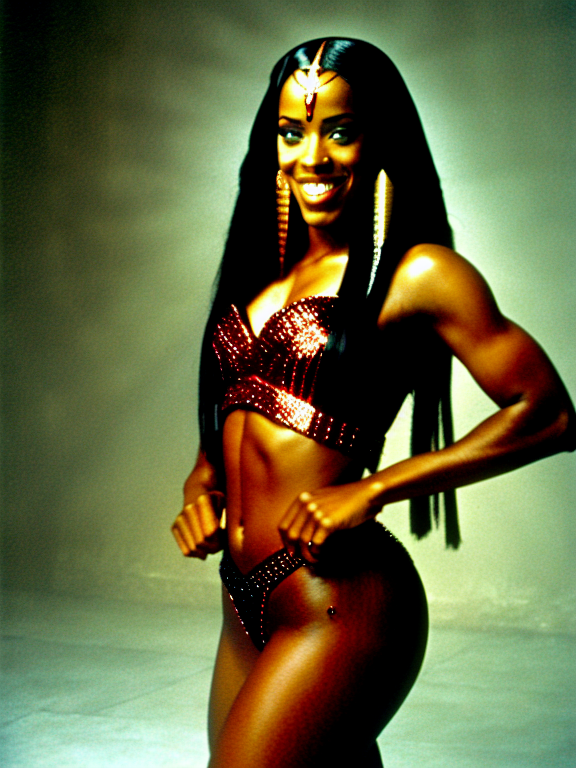 Aaliyah as Akasha from Queen of the Damned smiling and twerking, pharess