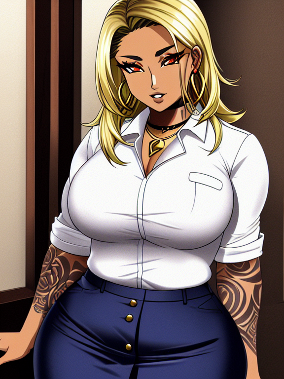 JEFA HIDALGA, LA DONNA, BELLADONNA, MADRE DE SANGRE, LA MADRINA, Dummythicc brazen bronze blasian blatina buchoná criminal businesswoman in professional attire with blonde hair and tattoos, sfw, tattooed, tatted, inked up, safe for work, mobwife Adriana La Cerva as a busty blonde blasian blatina if she didn't snitch and became the Godmother of the DiMeo-Soprano Crime Family, brazen bronze blasian blatina buchoná Drea de Matteo, buchona, safe for work, modestly dressed, business professional, pant suit, suit skirt, professional appearance, darker Morena or prieta dark gold honey shade yellowbone skin