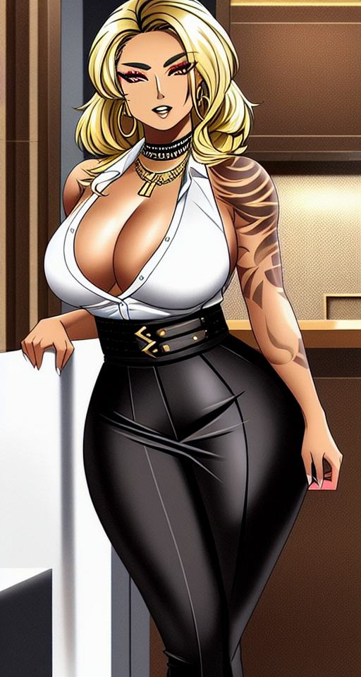 JEFA HIDALGA, LA DONNA, BELLADONNA, MADRE DE SANGRE, LA MADRINA, Dummythicc brazen bronze blasian blatina buchoná criminal businesswoman in professional attire with blonde hair and tattoos, sfw, tattooed, tatted, inked up, safe for work, mobwife Adriana La Cerva as a busty blonde blasian blatina if she didn't snitch and became the Godmother of the DiMeo-Soprano Crime Family, brazen bronze blasian blatina buchoná Drea de Matteo, buchona, safe for work, modestly dressed, business professional, pant suit, suit skirt, professional appearance, darker Morena or prieta dark gold honey shade yellowbone skin