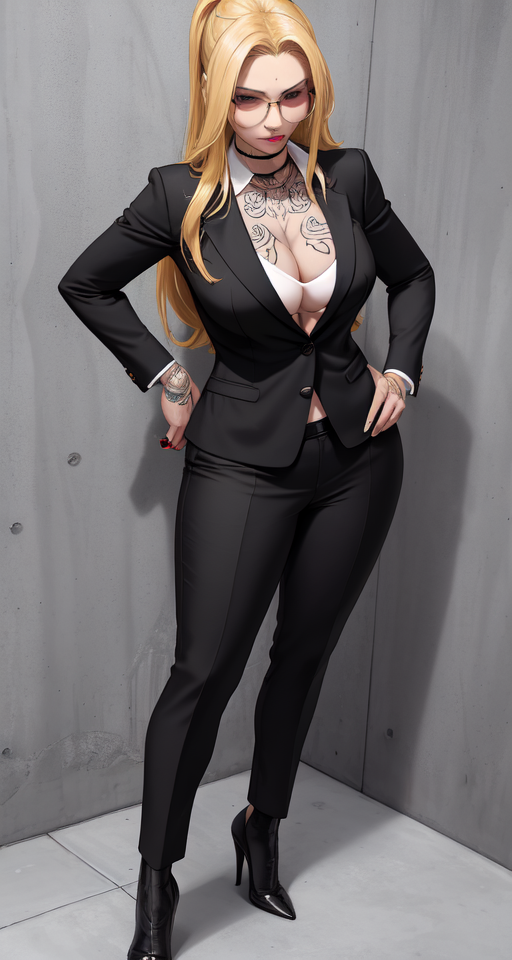 JEFA HIDALGA, LA DONNA, BELLADONNA, MADRE DE SANGRE, LA MADRINA, buchoná criminal businesswoman in professional attire with blonde hair and tattoos, sfw, tattooed, tatted, inked up, safe for work, mobwife Adriana La Cerva if she didn't snitch and became the Godmother of the DiMeo-Soprano Crime Family, buchoná Drea de Matteo, buchona, safe for work, modestly dressed, business professional, pant suit, suit skirt, professional appearance, darker Morena or prieta dark gold honey shade yellowbone skin