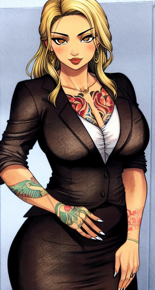 JEFA HIDALGA, LA DONNA, BELLADONNA, MADRE DE SANGRE, LA MADRINA, buchoná criminal businesswoman in professional attire with blonde hair and tattoos, sfw, tattooed, tatted, inked up, safe for work, mobwife Adriana La Cerva if she didn't snitch and became the Godmother of the DiMeo-Soprano Crime Family, buchoná Drea de Matteo, buchona, safe for work, modestly dressed, business professional, pant suit, suit skirt, professional appearance, darker Morena or prieta dark gold honey shade yellowbone skin