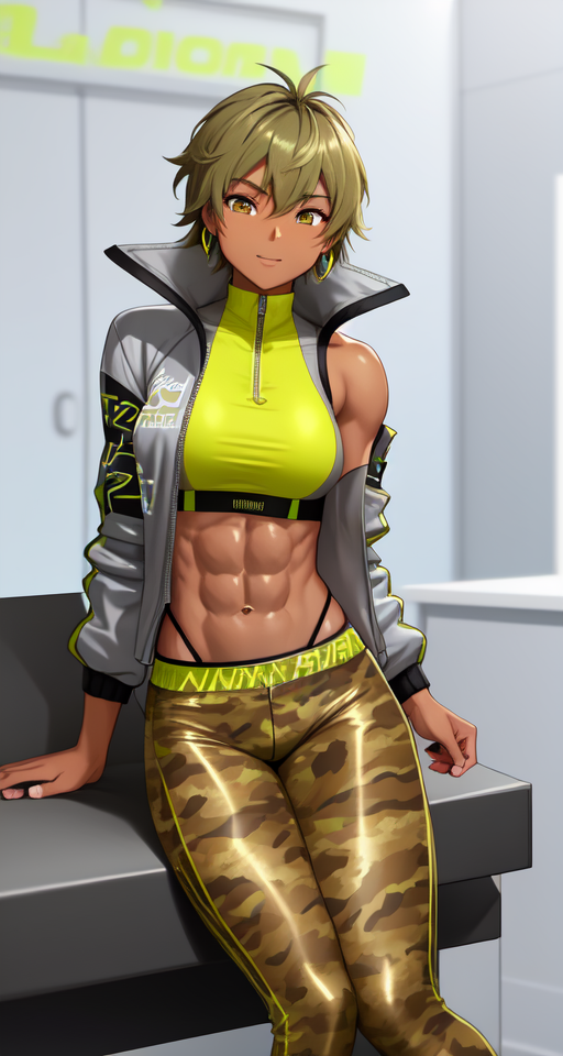 SFW bronze blasian blatina tomboy, chesty with immaculately carved six-pack abs, wearing a neon yellow tube top a loose unzipped grey sports jacket and yellow camo leggings with her thong poking out slightly
