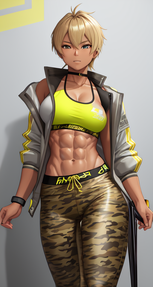 SFW brazen bronze blonde blasian blatina tomboy, chesty with immaculately carved six-pack abs, wearing a neon yellow tube top a loose unzipped grey sports jacket and yellow camo leggings with her thong poking out slightly