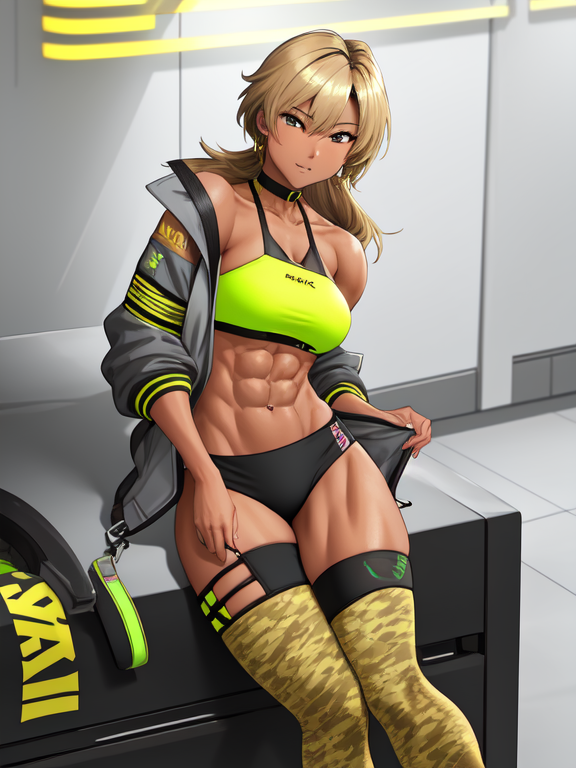 SFW brazen bronze blonde blasian blatina tomboy, chesty with immaculately carved six-pack abs, wearing a neon yellow tube top a loose unzipped grey sports jacket and yellow camo leggings with her thong poking out slightly