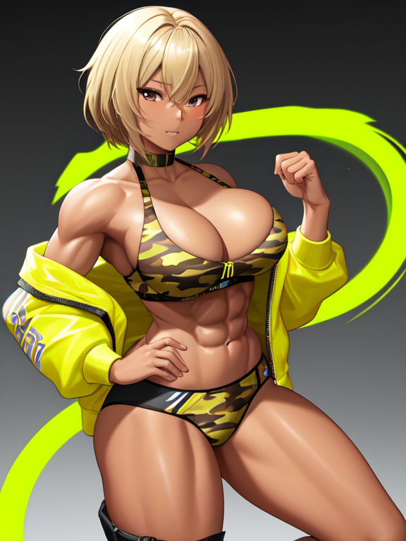 SFW brazen bronze blonde blasian blatina tomboy, chesty with immaculately carved six-pack abs, wearing a neon yellow tube top a loose unzipped grey sports jacket and yellow camo leggings with her thong poking out slightly, busty chest pushing out sports bra, thick thighs keeping leggings tight