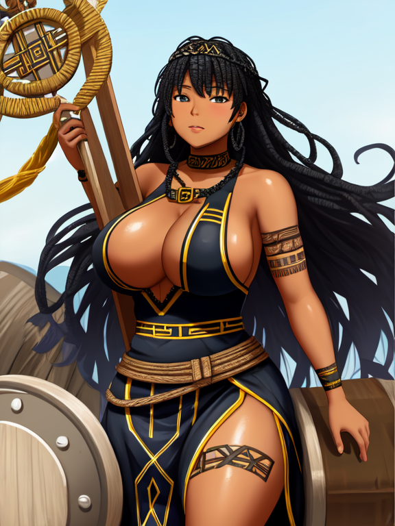 Thick African American negroid blasian blatina biddy in a dress, Swedish viking Warrior Queen with Norse tattoos and Norse runes