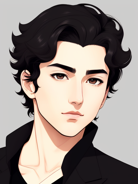 Handsome young adult with feminine features. He's got black short curly hair. Dark brown eyes. a beauty mark under his right eye. Wearing a black suit., Beautiful colors, Pencil sketches, Vector illustration, Cell shaded, Flat, 2D, In the style of studio ghibli, Art by Hiroshi Saitō, bold lines, Bold the drawing lines, Amazing details, One character