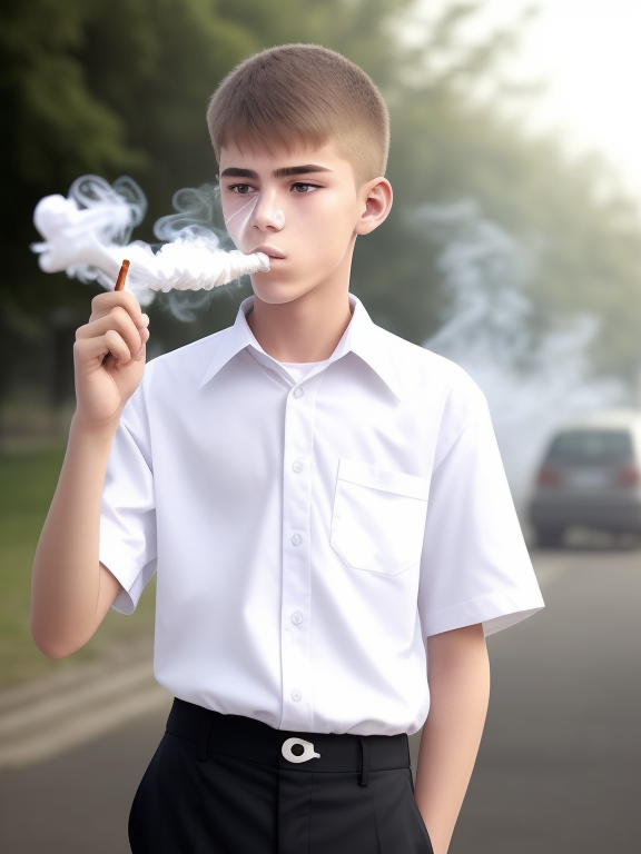 wearing high school white shirt uniform a teenager boy, smoking cigarette