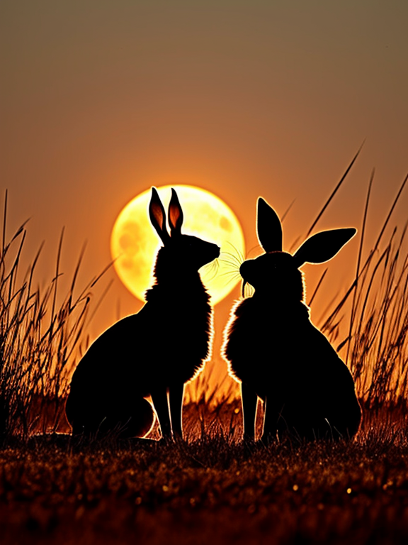 Two hares, locked in a fierce battle, their silhouettes stark against the glowing full moon.