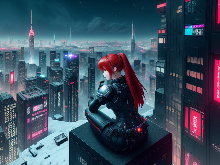 Red Hair Anime Girl sitting on skys - OpenDream