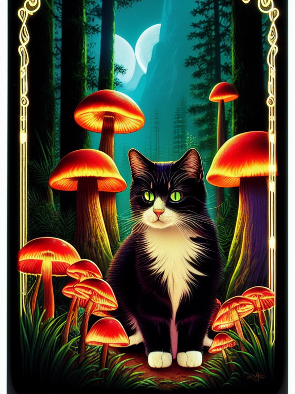 ,beautiful cat, majestic forest, night time,thousands of glowing mushrooms ,  Ultra detailed, best quality, Pixar style, Disney, super cute, Kauai, digital art, comprehensive cinematic, magical photography, colorful, detailed, dramatic light, sharp, HDR,, Retro, Vintage, Flat design, (((Simple))), Art by Butcher Billy, illustration, highly detailed, simple, Vector art