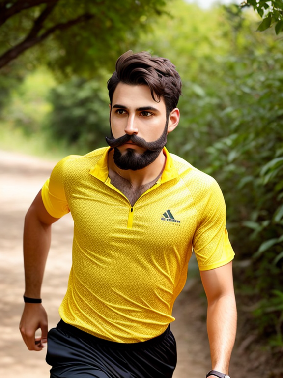 male Runner, short dark hair, short beard moustache, yellow shirt, nature background