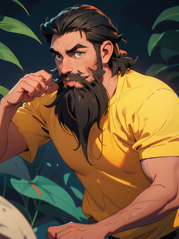 male Runner, short dark hair, short beard moustache, yellow shirt, nature background