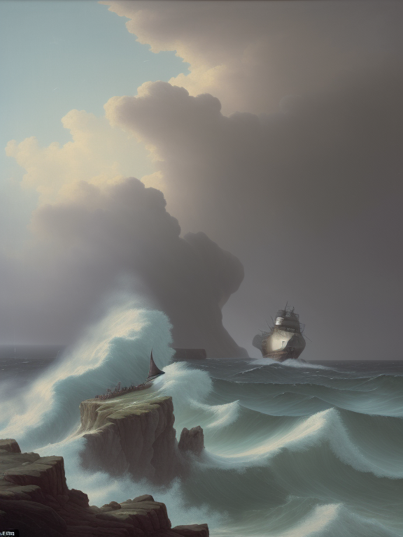 An oil painting: a person standing on a rocky cliff. gazing out to the open sea, where a distant ship battles the storm. The wind and leaves are scattered everywhere. 
A powerful storm and a dark, ominous sky. 
Giant waves and thunderous rain., looking out from the mainland to a ship struggling with giant waves in the open sea.  A small boat amidst the vast ocean.