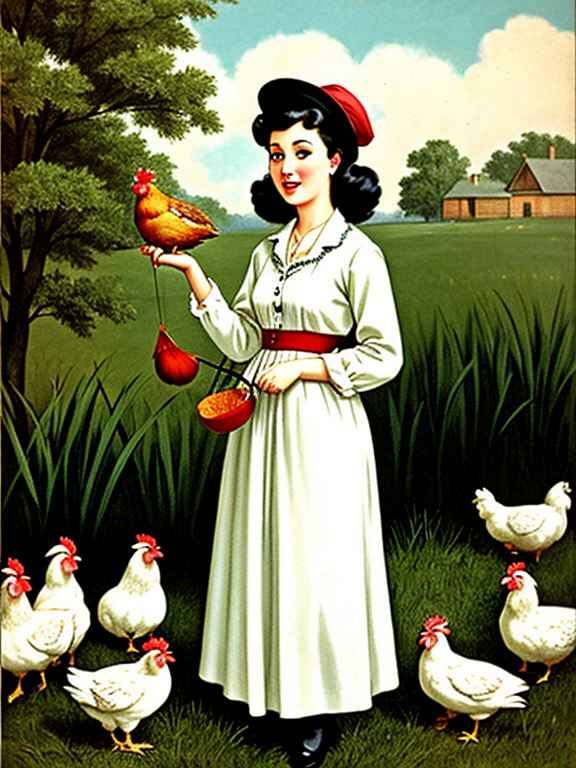 crazy lady with chickens vintage illustration