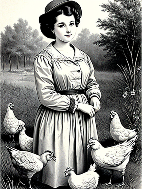 lady with chickens vintage drawing