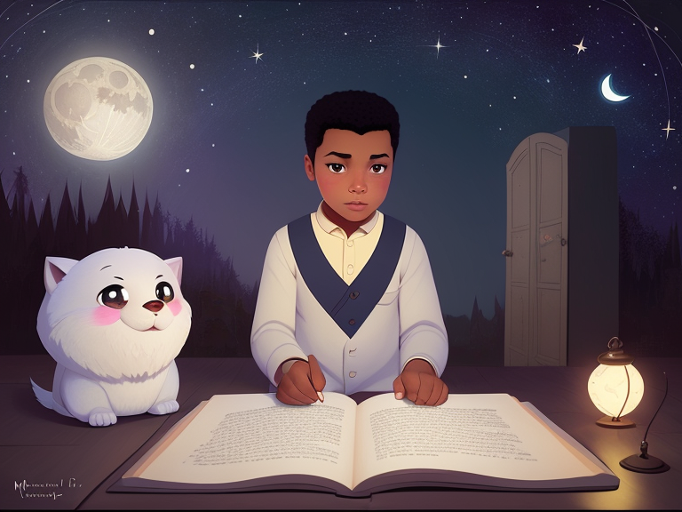 Imagine Explore how Ali's dedication and devotion to helping others influenced the people around him, inspiring them to contribute to the cause., dark night, Bedtime story, starry night with big moon, dreamy fantasy, matte palette, delicate details, by Tracie Grimwood, children book artistic illustration, 8K UHD --v 4, Pixar style, disney style