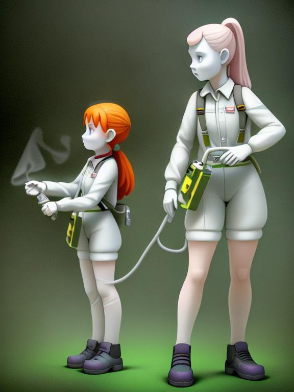 two ghosthunting girls, with equipment, long brown and blond hair, ghost, fog, digital art, standing character, soft smooth lighting, soft pastel colors, Scottie young, 3d blender render, polycount, modular constructivism, pop surrealism, physically based rendering, square image, Tiny cute
