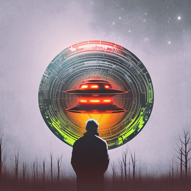 man looking at ufo, In the style of 1980s sci fi and horror movie poster, Colourful